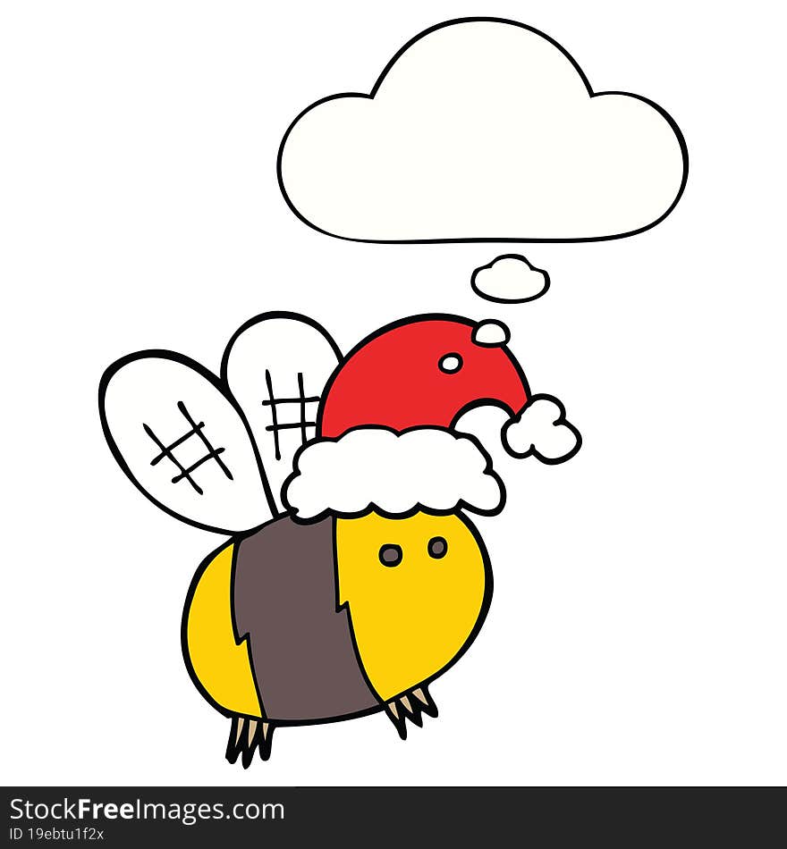 cute cartoon bee wearing christmas hat and thought bubble