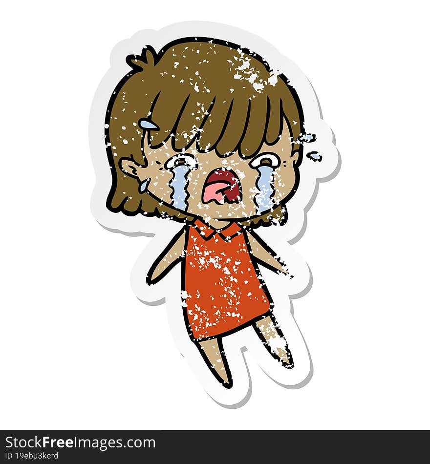 distressed sticker of a cartoon girl crying