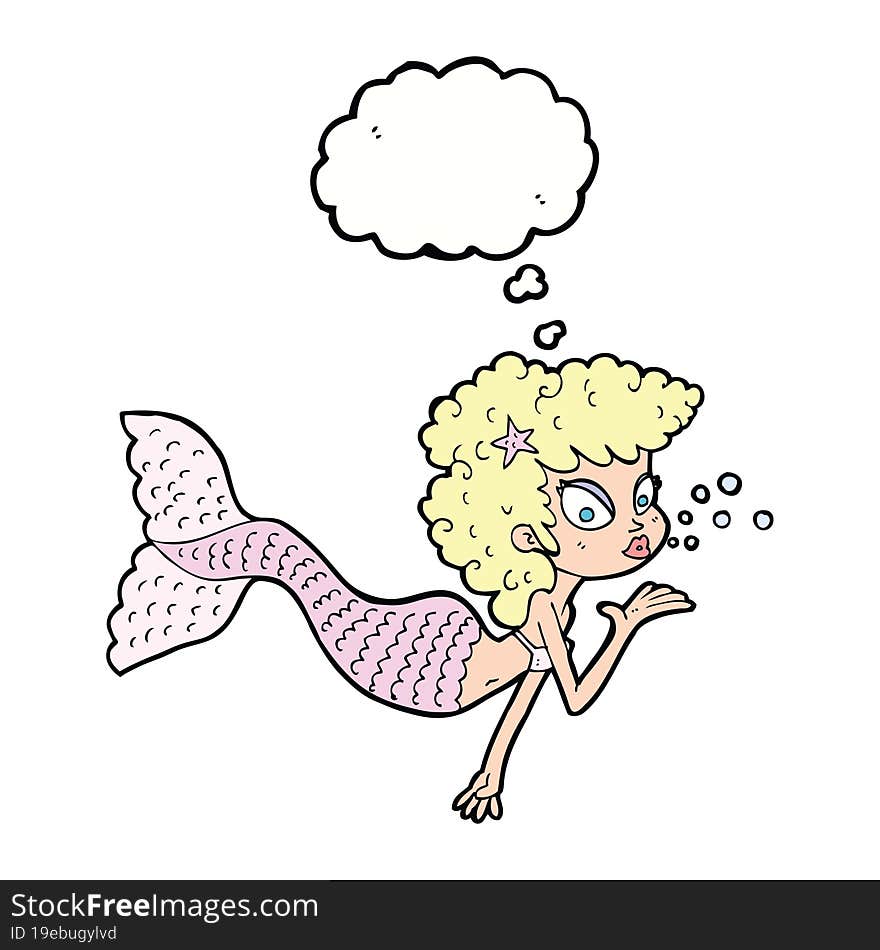 cartoon mermaid blowing kiss with thought bubble