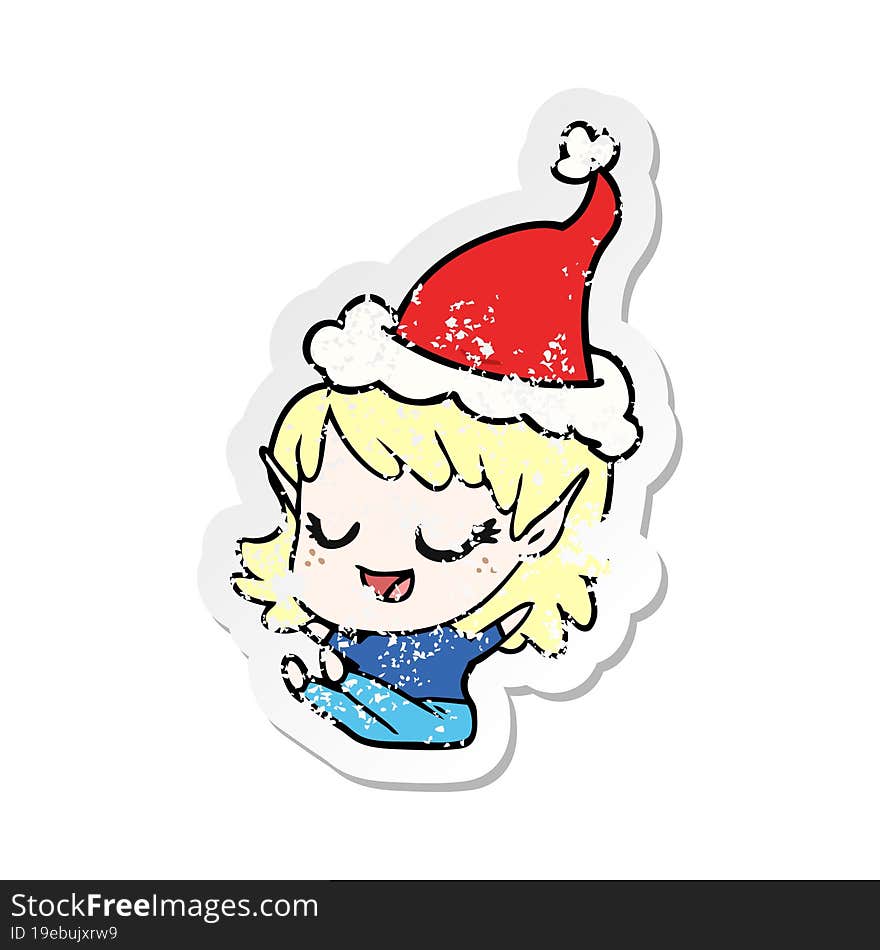 Happy Distressed Sticker Cartoon Of A Elf Girl Sitting Wearing Santa Hat