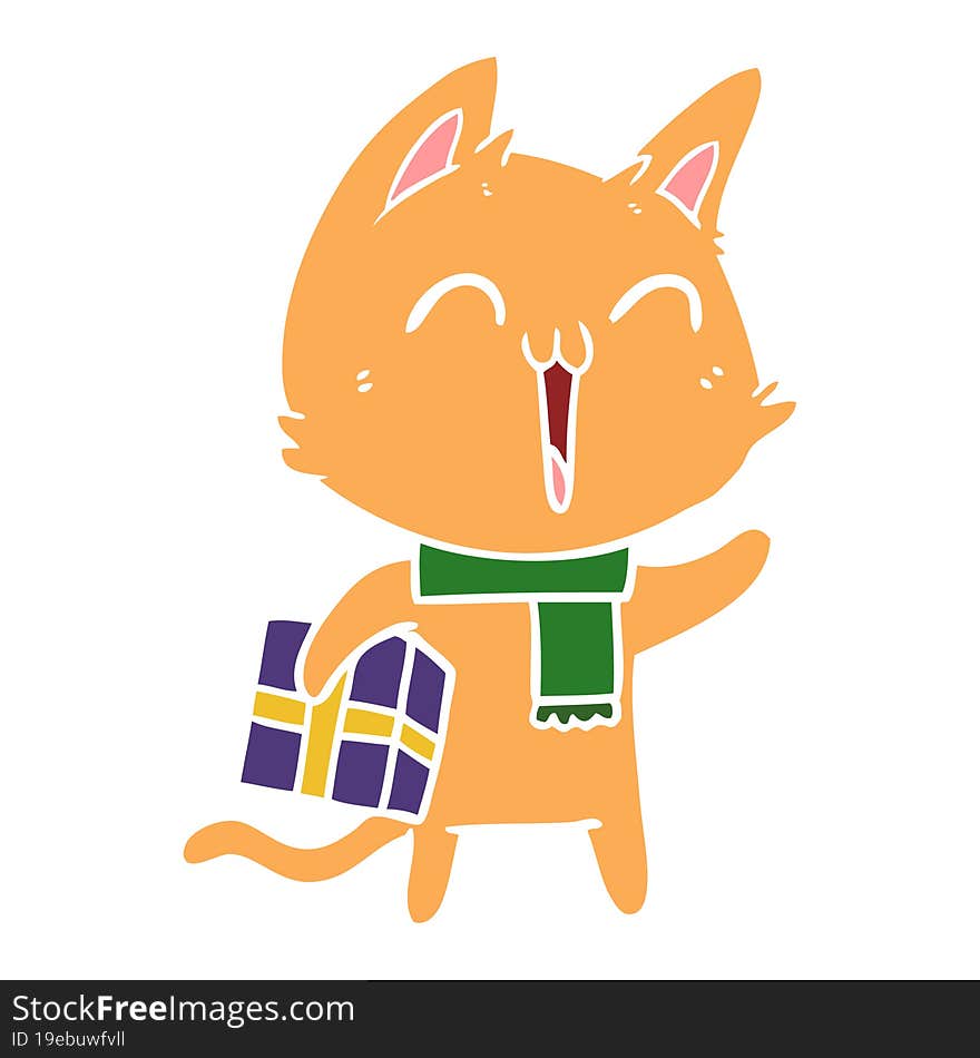 happy flat color style cartoon cat with christmas gift