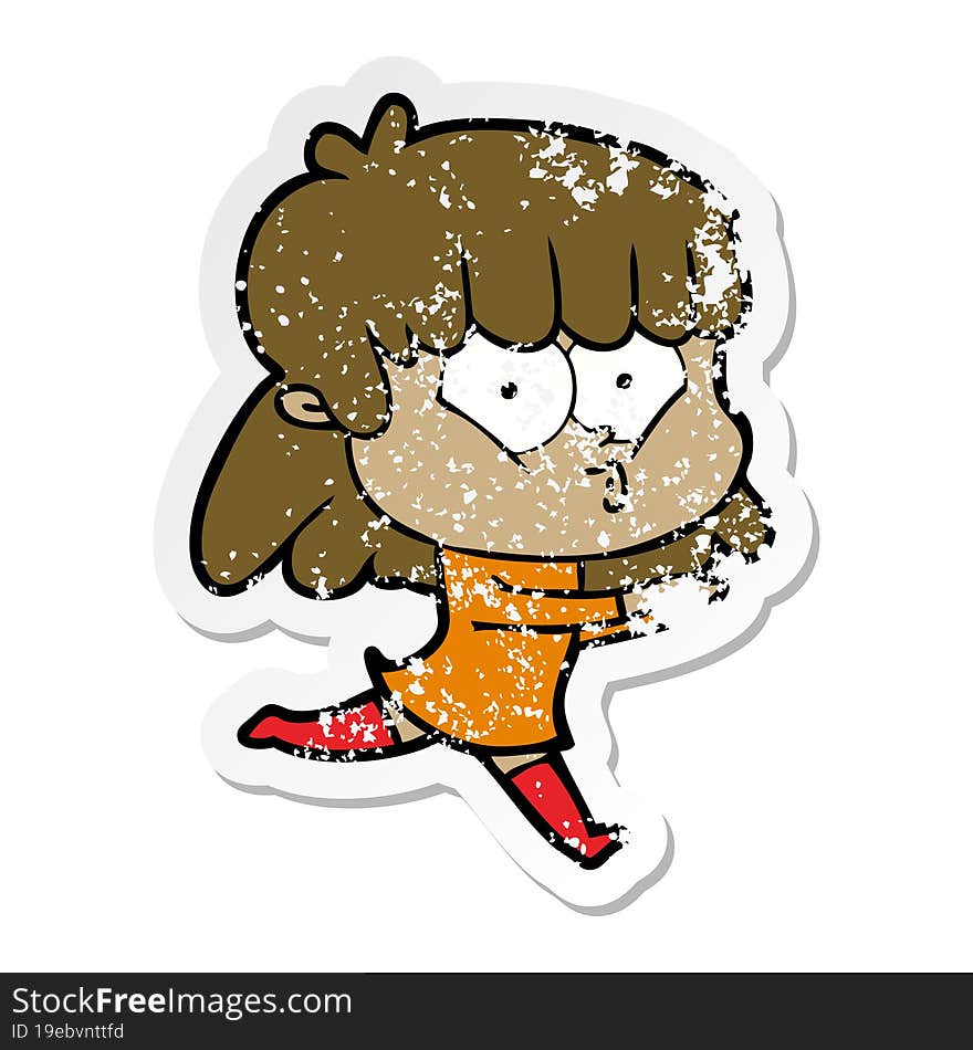 distressed sticker of a cartoon whistling girl