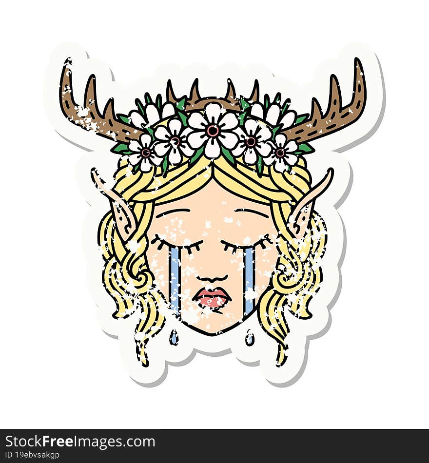 grunge sticker of a crying elf druid character face. grunge sticker of a crying elf druid character face