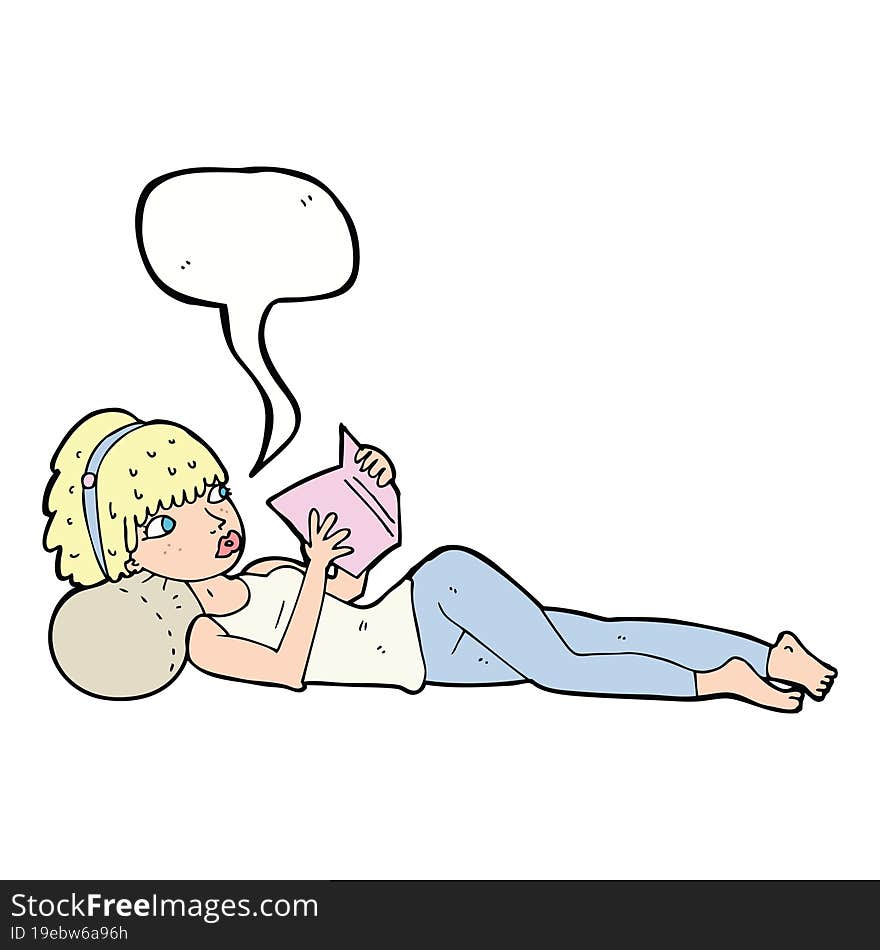 cartoon pretty woman reading book with speech bubble