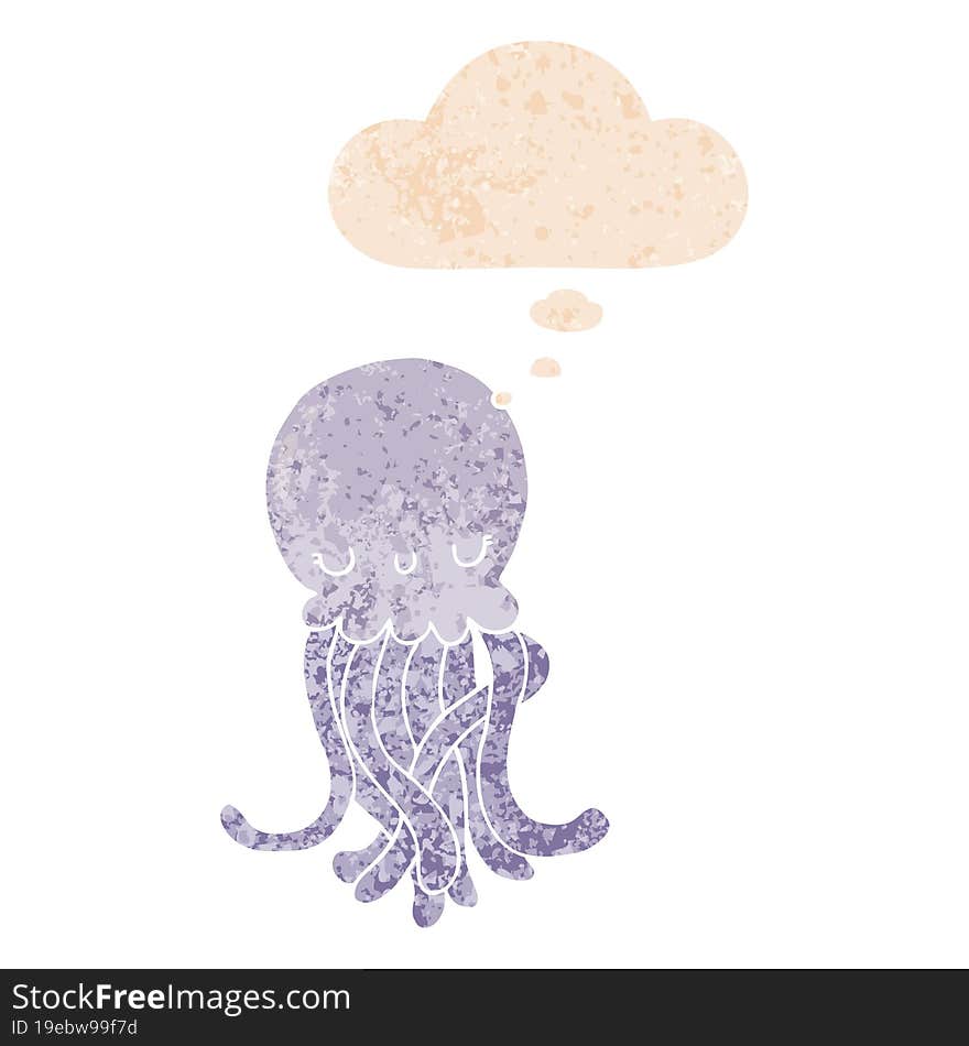 cute cartoon jellyfish and thought bubble in retro textured style