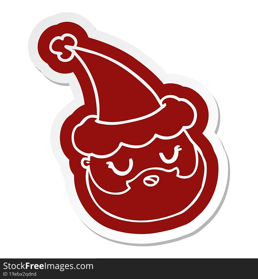 cartoon  sticker of a male face with beard wearing santa hat