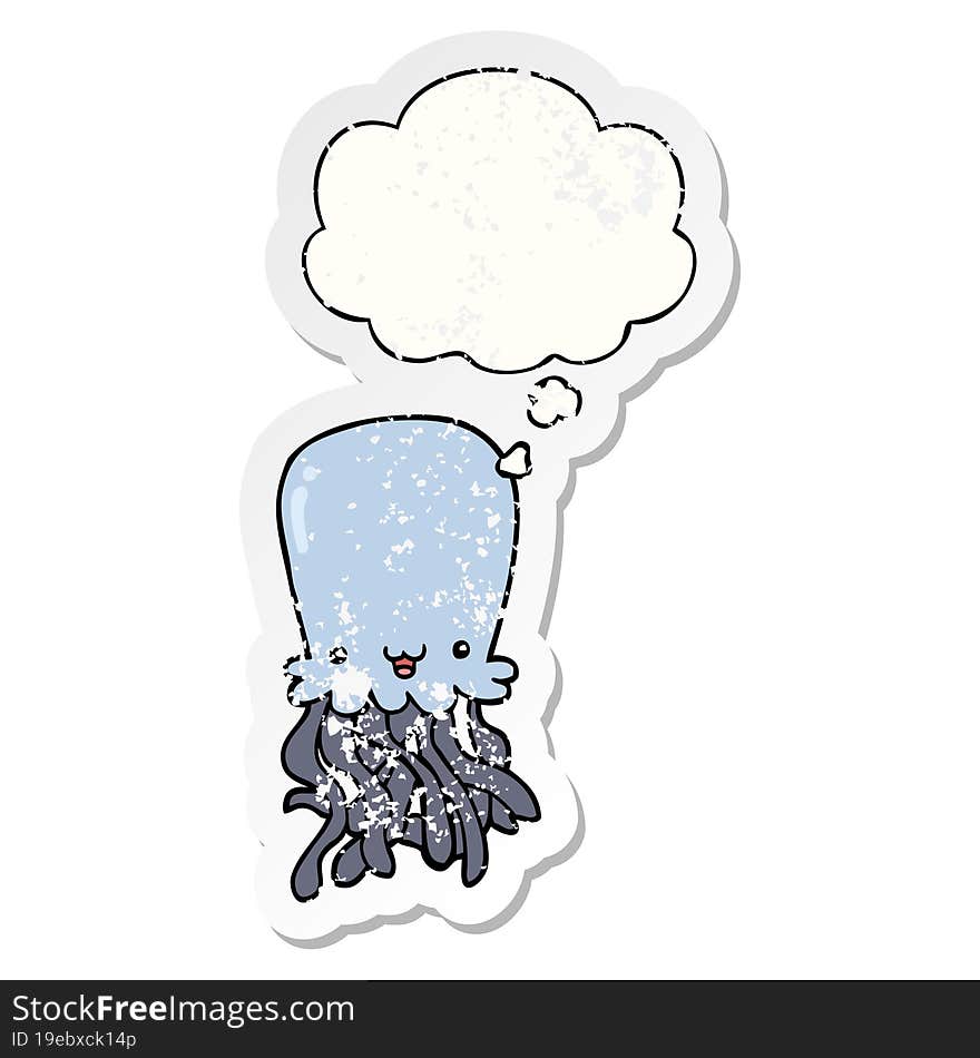 cartoon octopus and thought bubble as a distressed worn sticker