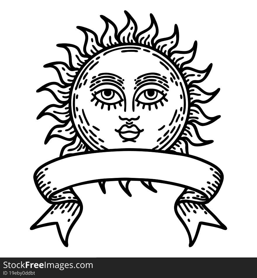 black linework tattoo with banner of a sun with face