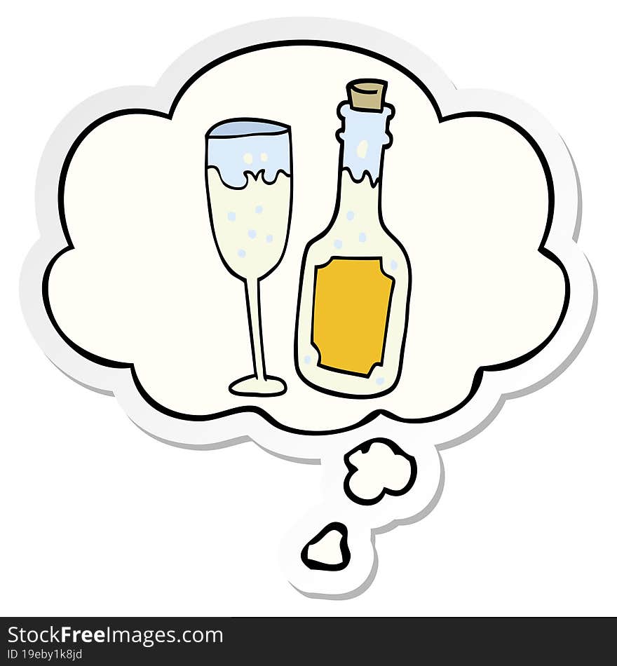 cartoon champagne bottle and glass and thought bubble as a printed sticker