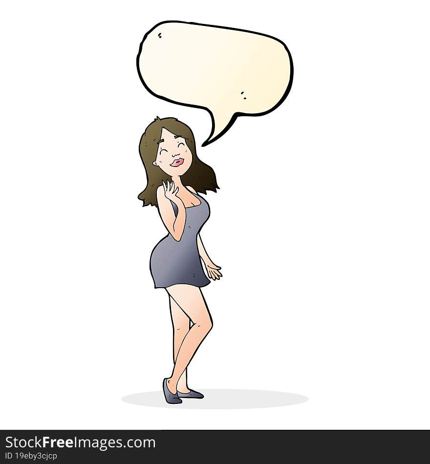 cartoon pretty woman in cocktail dress with speech bubble