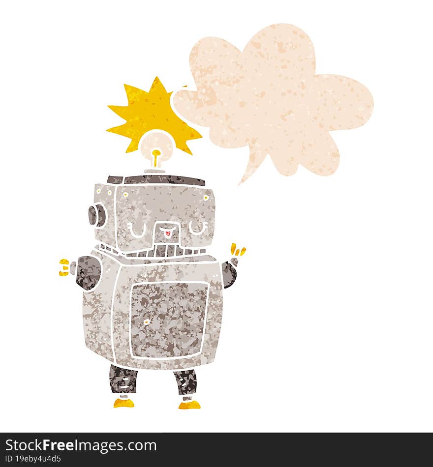 cartoon robot and speech bubble in retro textured style