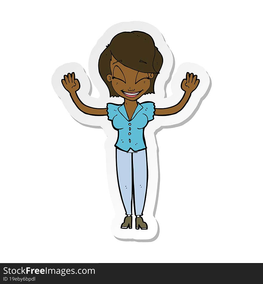 sticker of a cartoon pretty woman with hands in air