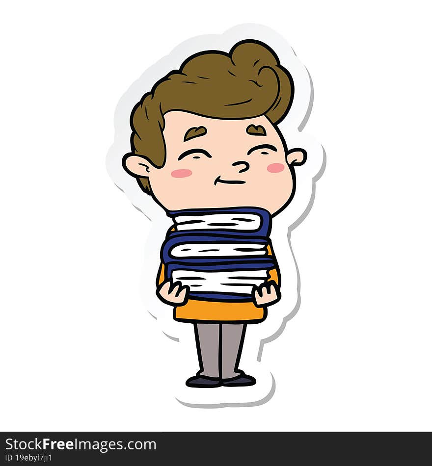 Sticker Of A Happy Cartoon Man With Stack Of New Books