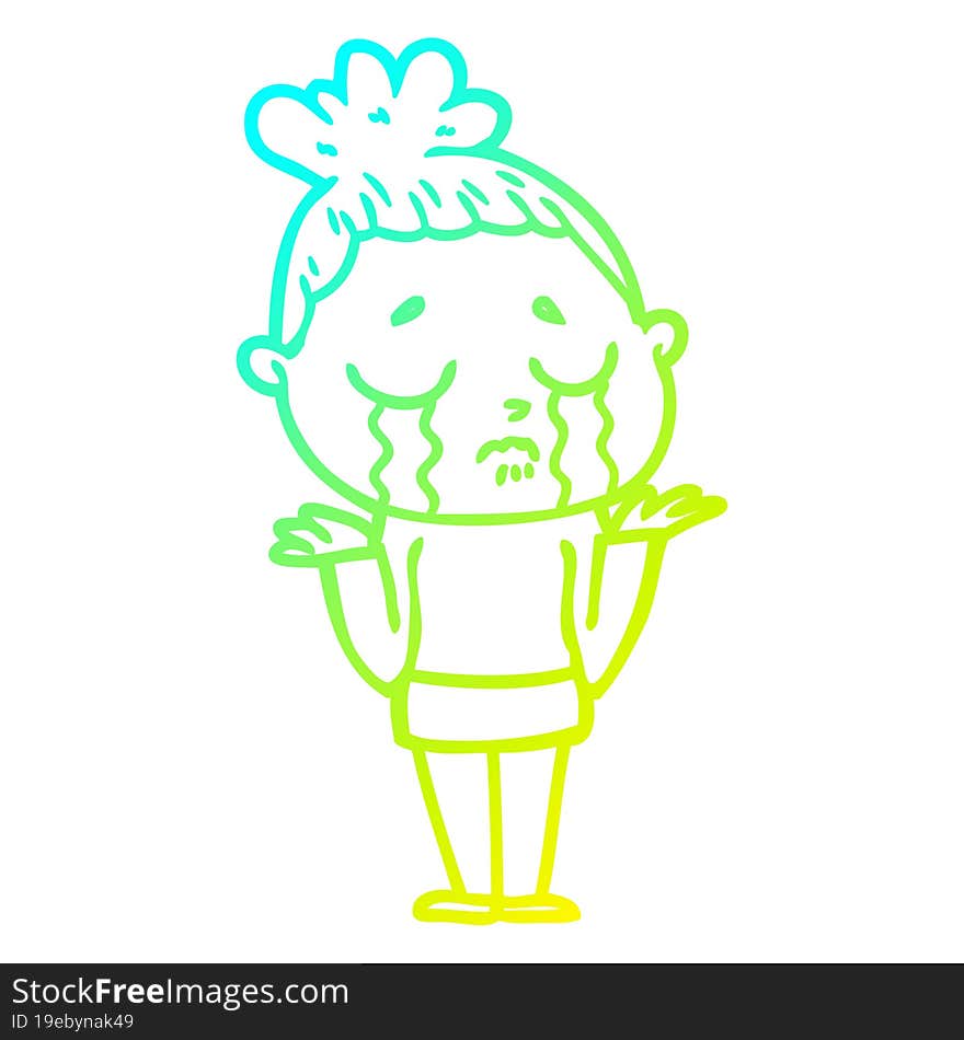 cold gradient line drawing cartoon crying woman shrugging