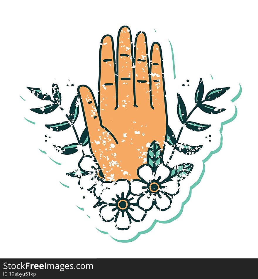 Distressed Sticker Tattoo Style Icon Of A Hand And Flower