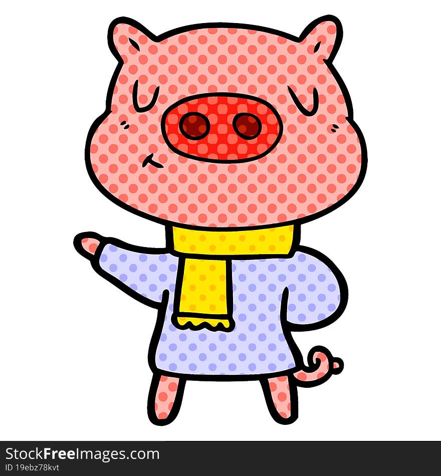 cartoon content pig in winter attire. cartoon content pig in winter attire