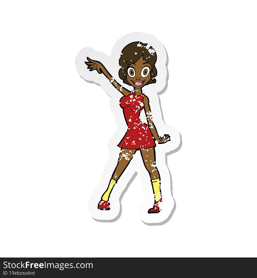 Retro Distressed Sticker Of A Cartoon Party Girl