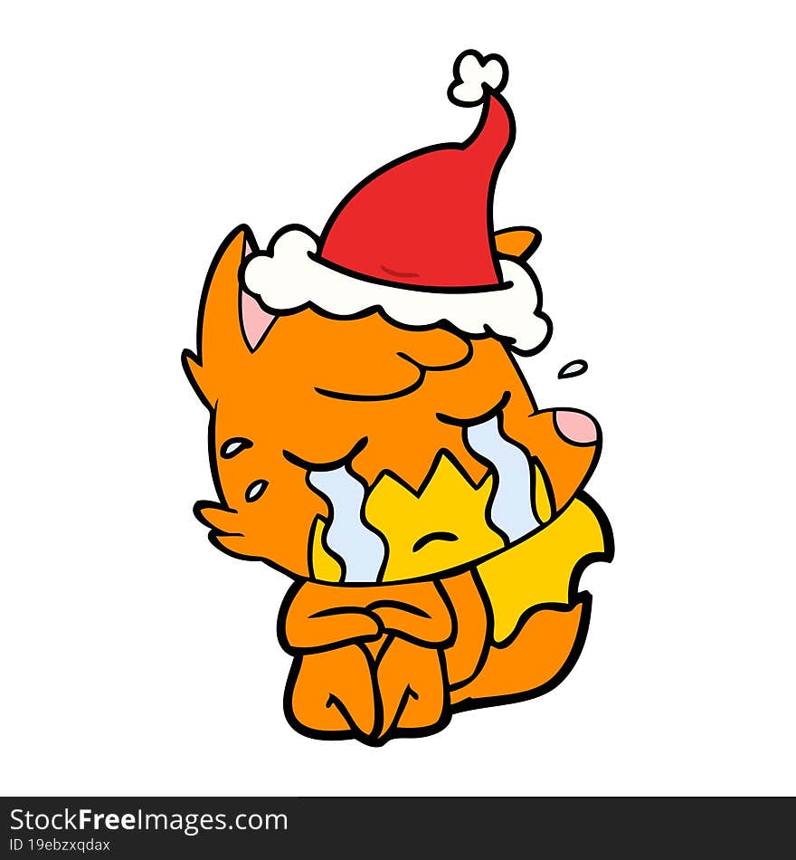 crying fox line drawing of a wearing santa hat