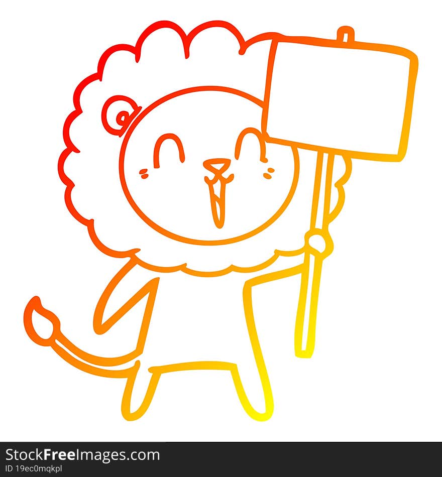 warm gradient line drawing laughing lion cartoon with placard