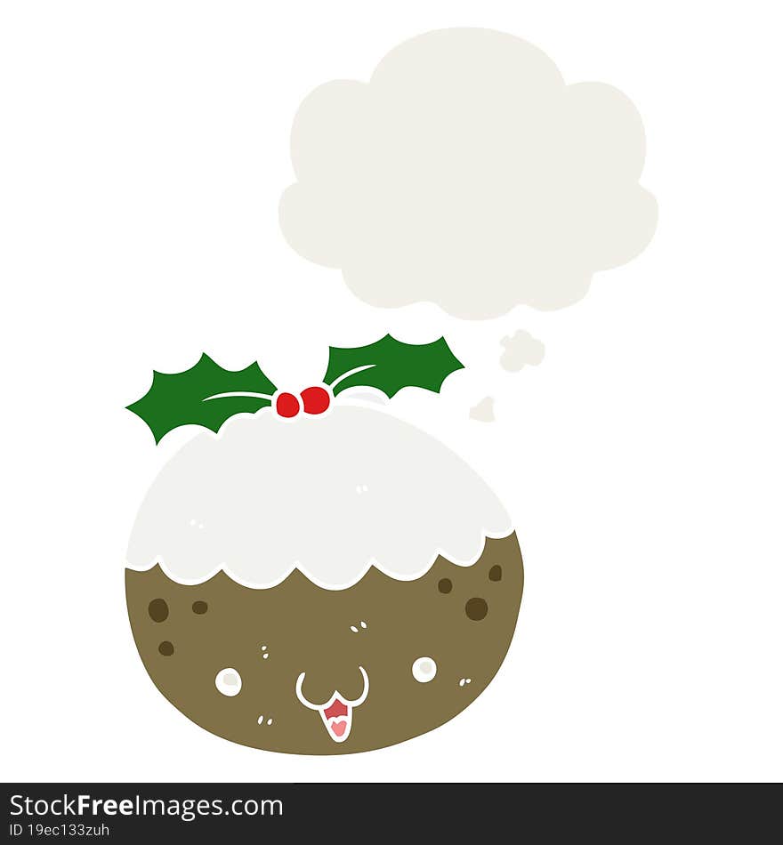 cute cartoon christmas pudding and thought bubble in retro style