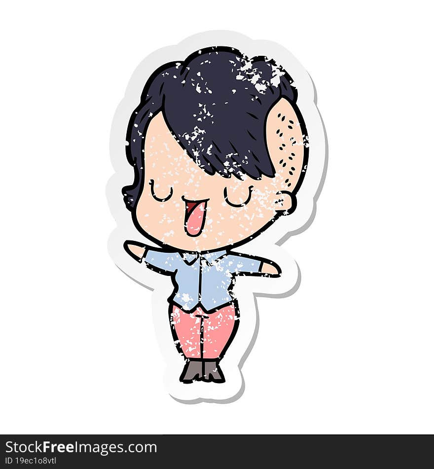 distressed sticker of a cute cartoon girl with hipster haircut