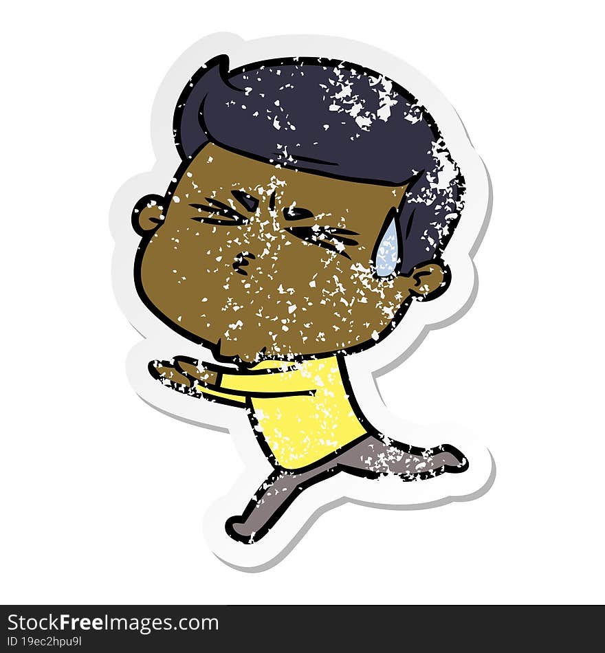 distressed sticker of a cartoon man sweating