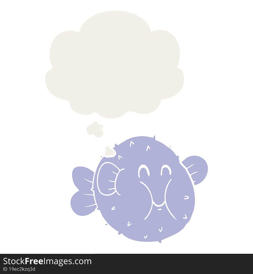 cartoon puffer fish and thought bubble in retro style