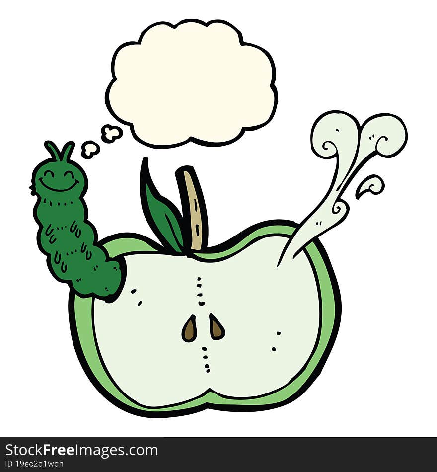 cartoon apple with bug with thought bubble