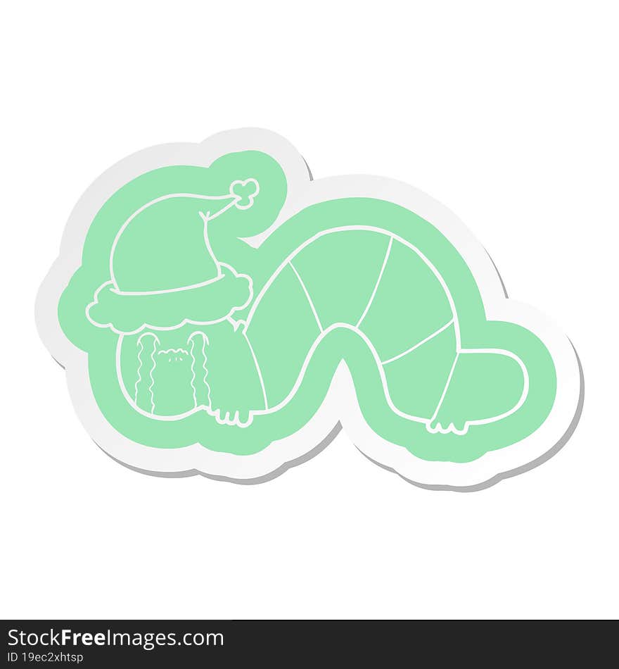 cartoon  sticker of a caterpillar obsessing over his regrets wearing santa hat