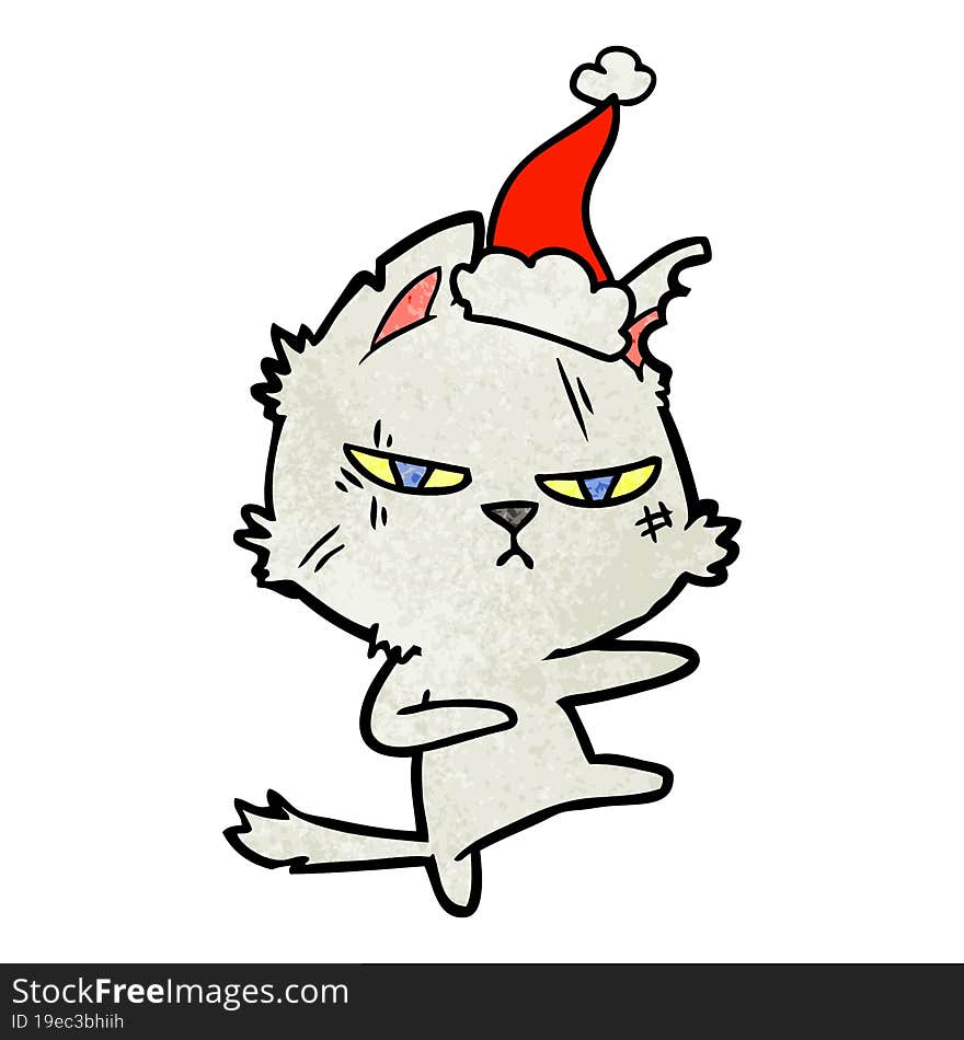 tough textured cartoon of a cat wearing santa hat