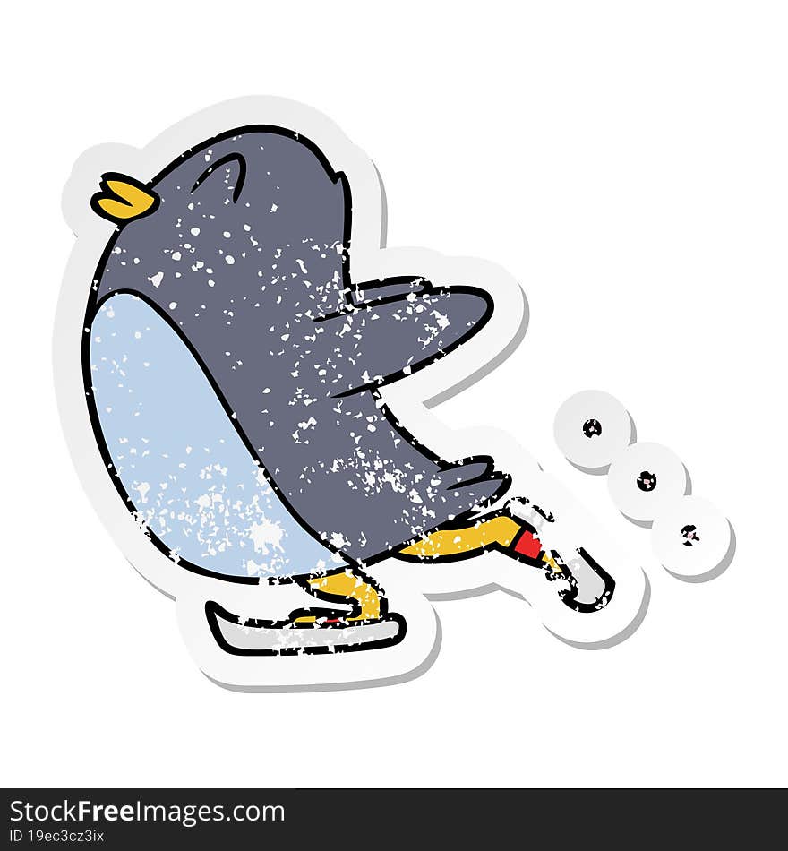 distressed sticker of a cartoon penguin ice skating