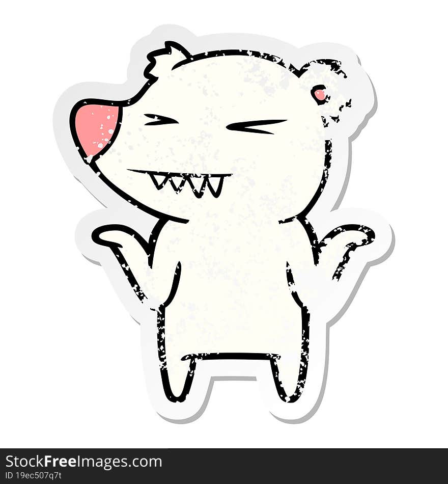 Distressed Sticker Of A Angry Polar Bear Cartoon Shrugging Shoulders