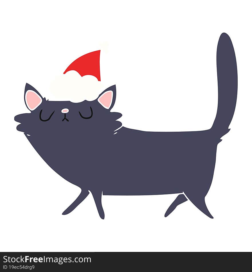 flat color illustration of a black cat wearing santa hat