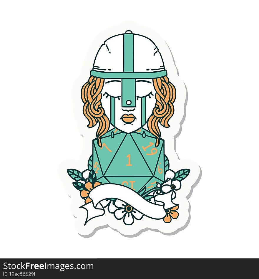 sticker of a crying human fighter with natural one D20 roll. sticker of a crying human fighter with natural one D20 roll