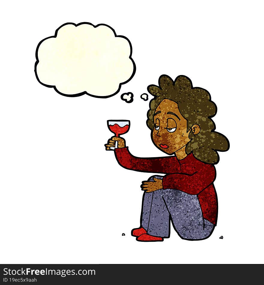 cartoon unhappy woman with glass of wine with thought bubble