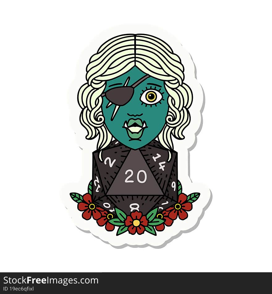 half orc rogue with natural 20 dice roll sticker