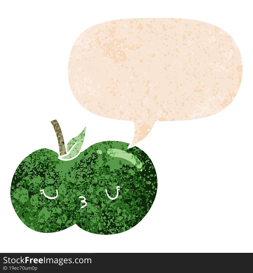 cartoon cute apple and speech bubble in retro textured style