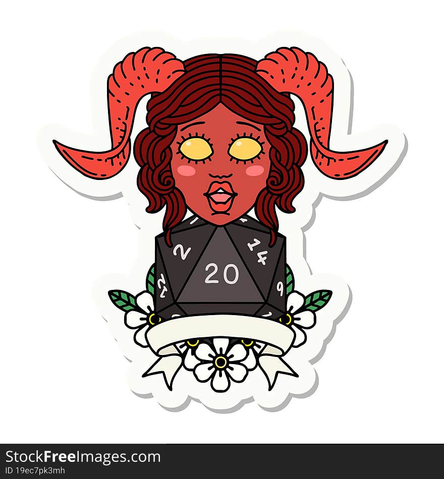 sticker of a tiefling with natural twenty dice roll. sticker of a tiefling with natural twenty dice roll