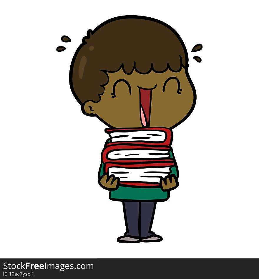 laughing cartoon man holding stack of books. laughing cartoon man holding stack of books