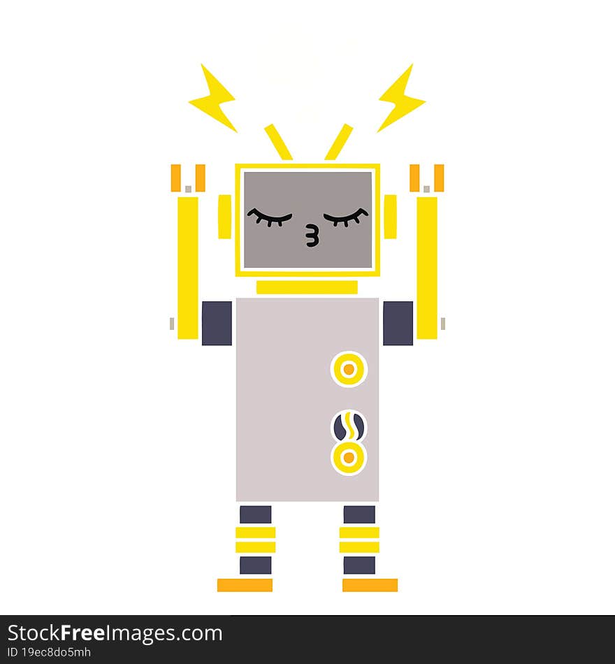 flat color retro cartoon of a malfunctioning robot