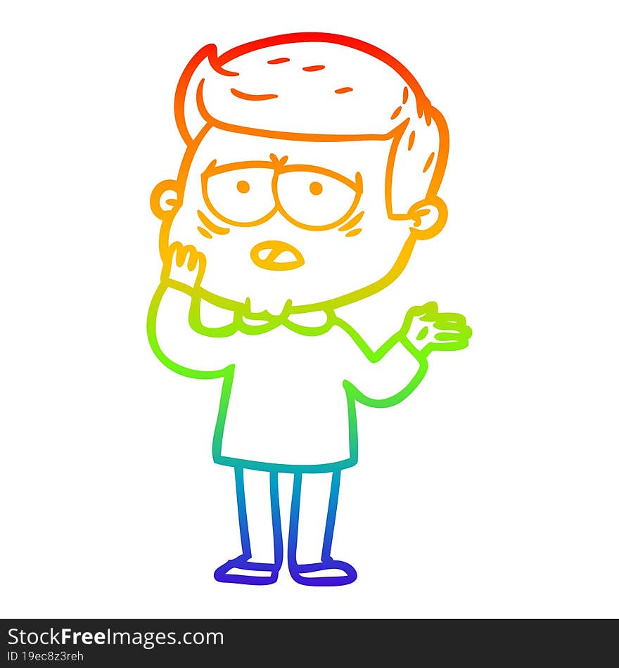 rainbow gradient line drawing of a cartoon tired man