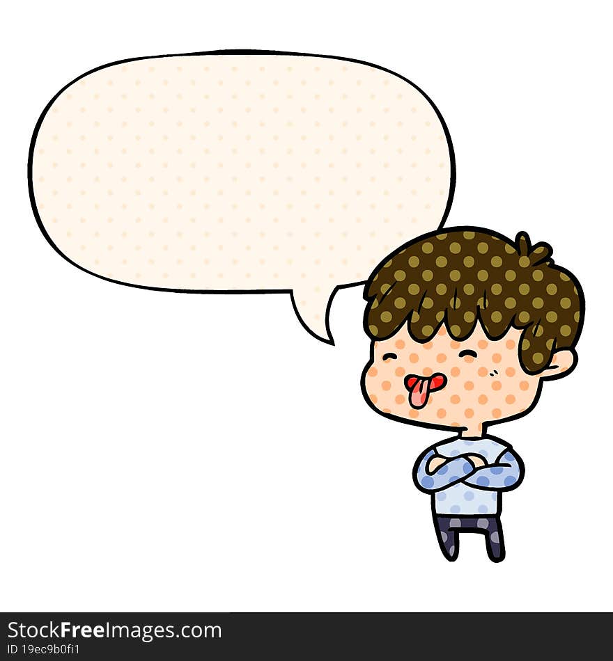 cartoon boy sticking out tongue with speech bubble in comic book style