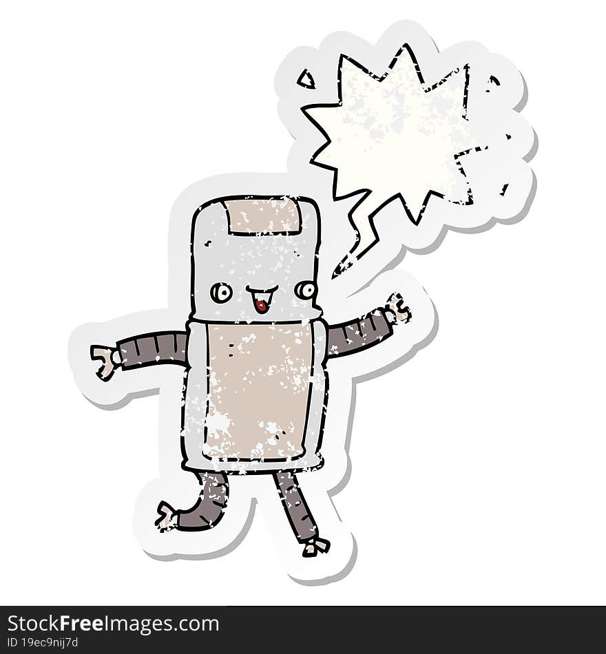 cartoon robot with speech bubble distressed distressed old sticker. cartoon robot with speech bubble distressed distressed old sticker