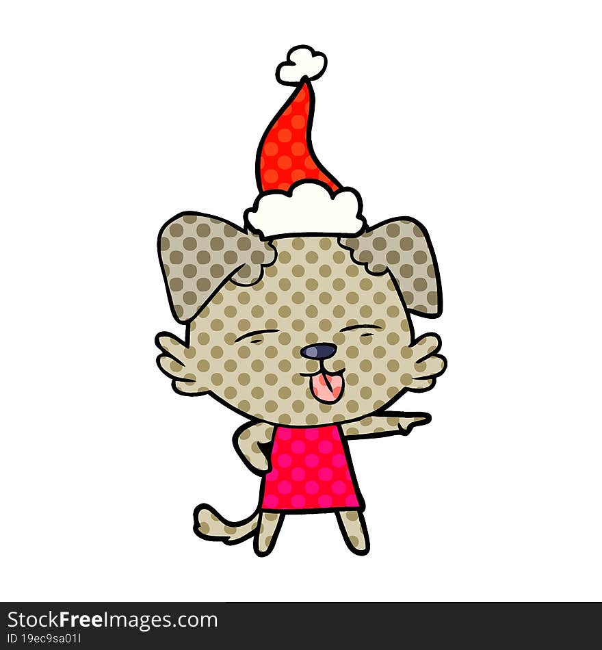 comic book style illustration of a dog sticking out tongue wearing santa hat