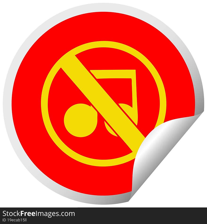 circular peeling sticker cartoon of a no music sign