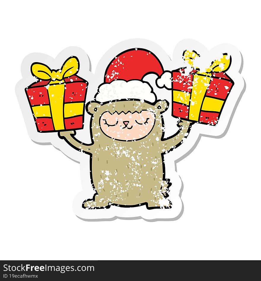 distressed sticker of a cartoon christmas bear