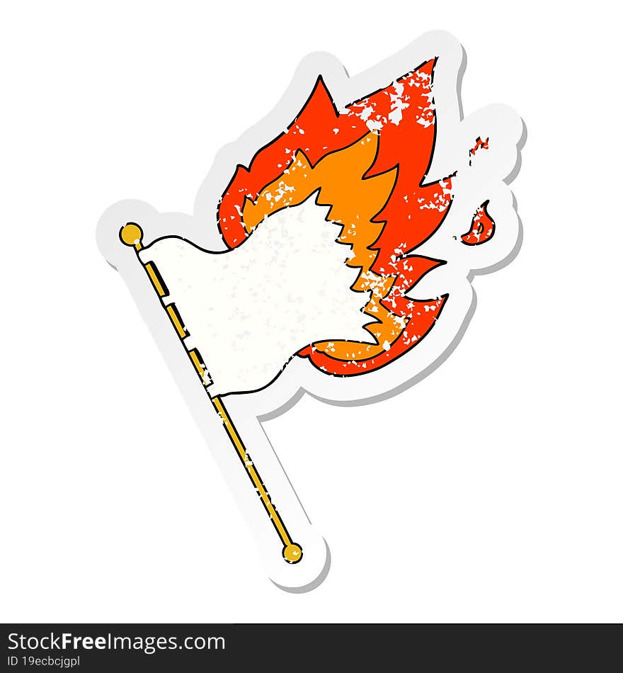 distressed sticker of a cartoon burning flag