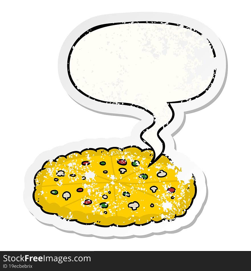 cartoon double cheese pizza and speech bubble distressed sticker