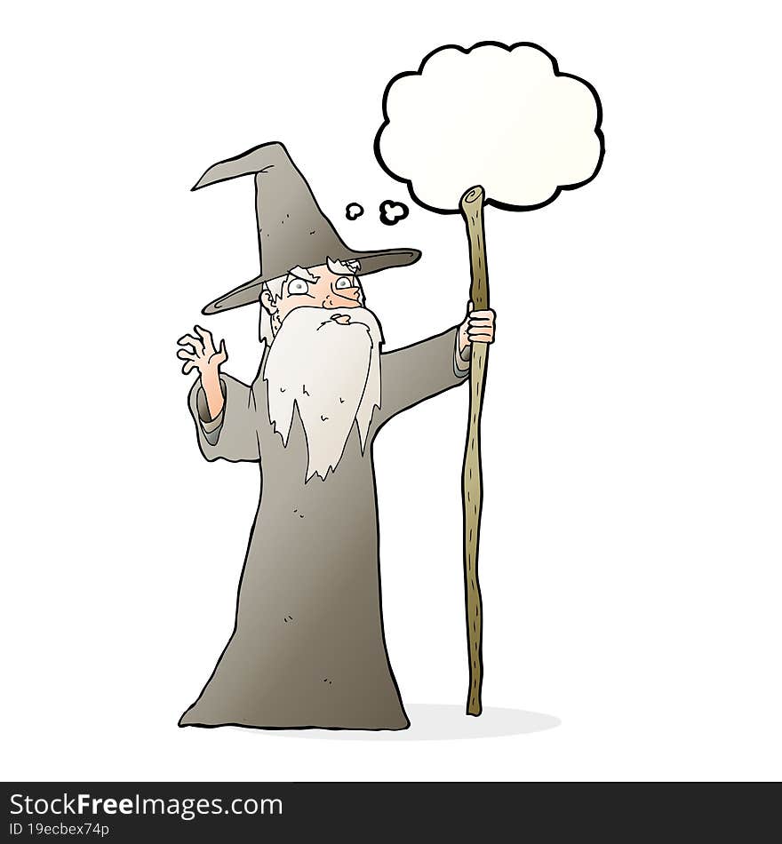 cartoon old wizard with thought bubble