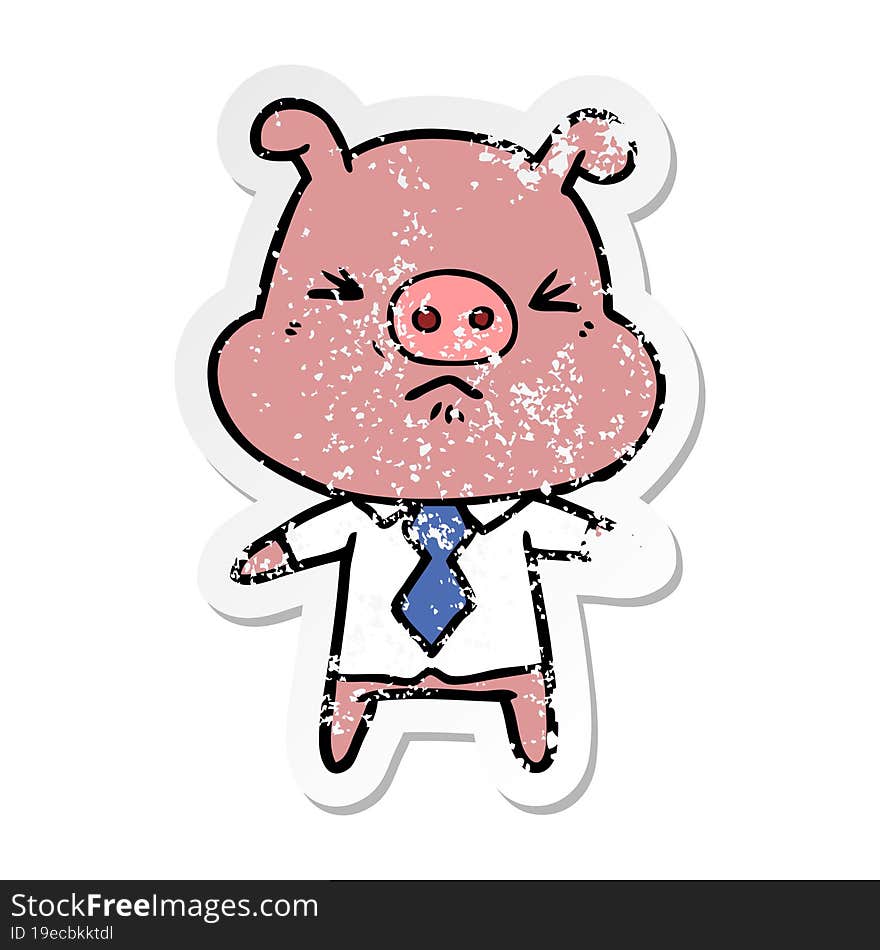 distressed sticker of a cartoon angry pig in shirt and tie